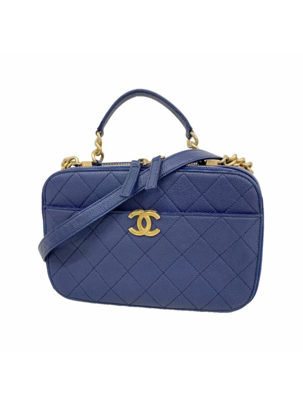 Chanel Vanity Bag Quilted Caviar Leather Navy Gold 2-Way Bag